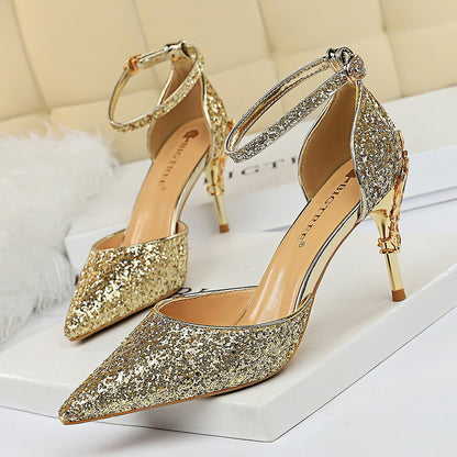 2025 283-5  style fashionable and sexy hollow nightclub showing thin metal heel high heel sparkling sequins with sandals