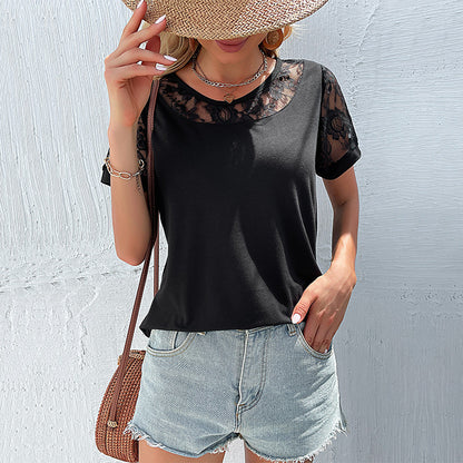 LOVEVOP New new product popular summer 2025 women's clothing lace hollow splicing top short-sleeved t-shirt