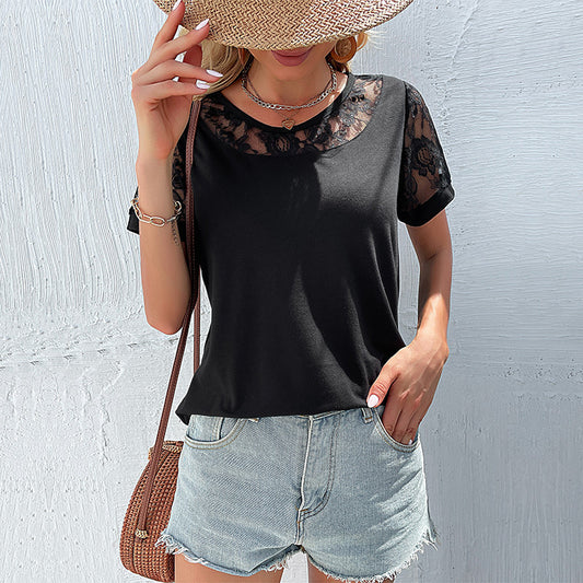 LOVEVOP New new product popular summer 2025 women's clothing lace hollow splicing top short-sleeved t-shirt