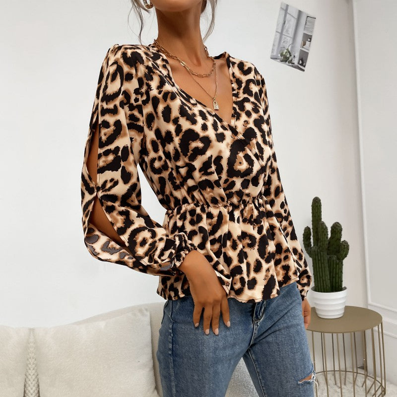 LOVEVOP New spring and summer new 2025 women's clothing hollow long-sleeved leopard print v-neck waist pullover long-sleeved shirt