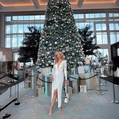 LOVEVOP 2023 autumn and winter new black long-sleeved ring  women's clothing V-neck white red long high-end dress