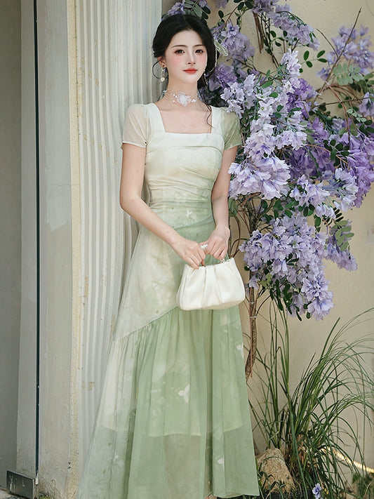 Cold artistic sense green dress summer women 2025 new temperament slim skirt unique and beautiful waist skirt