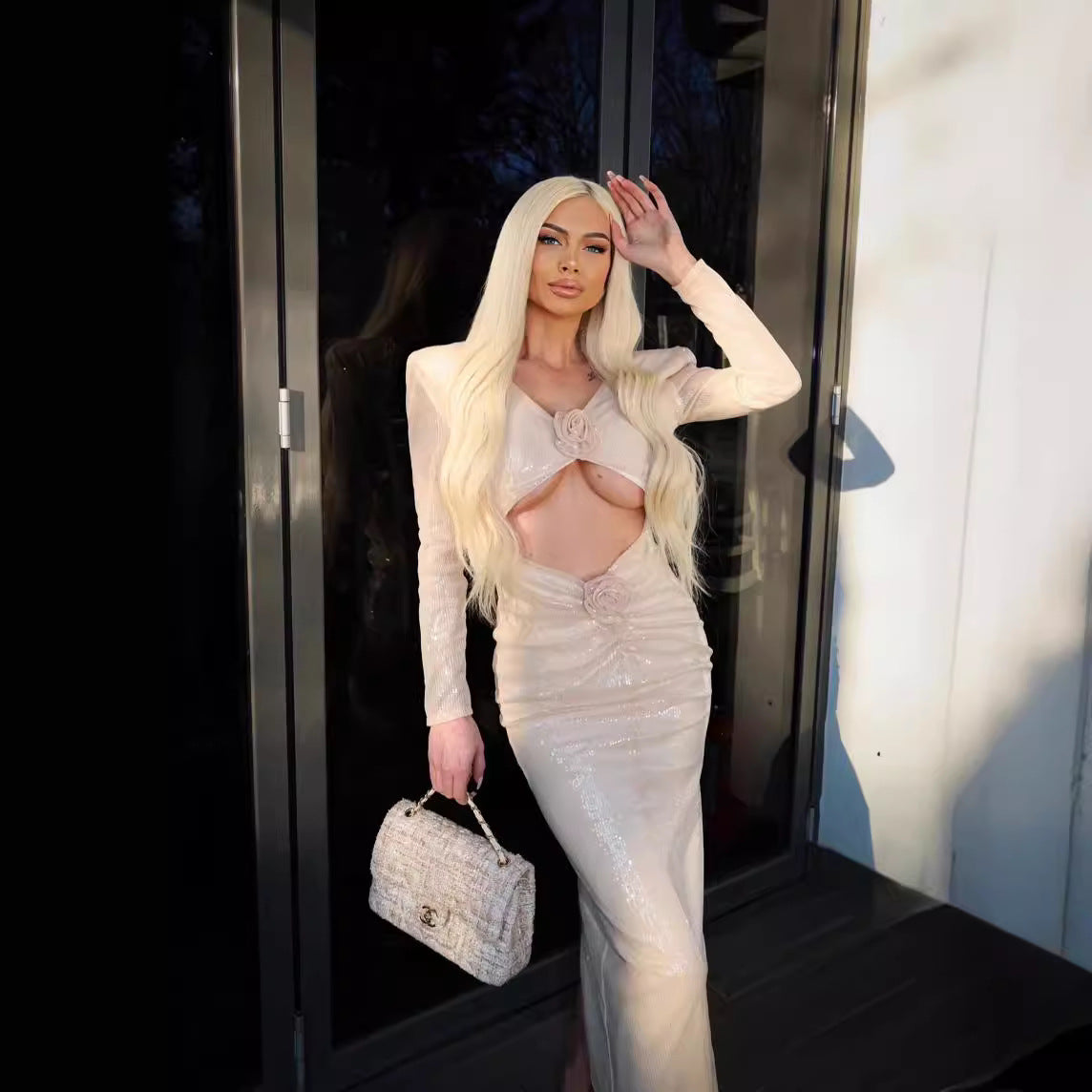 LOVEVOP New popular  women's clothing long-sleeved three-dimensional flower apricot bead long dress elastic skirt early autumn dress