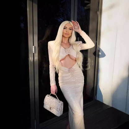 LOVEVOP New popular  women's clothing long-sleeved three-dimensional flower apricot bead long dress elastic skirt early autumn dress