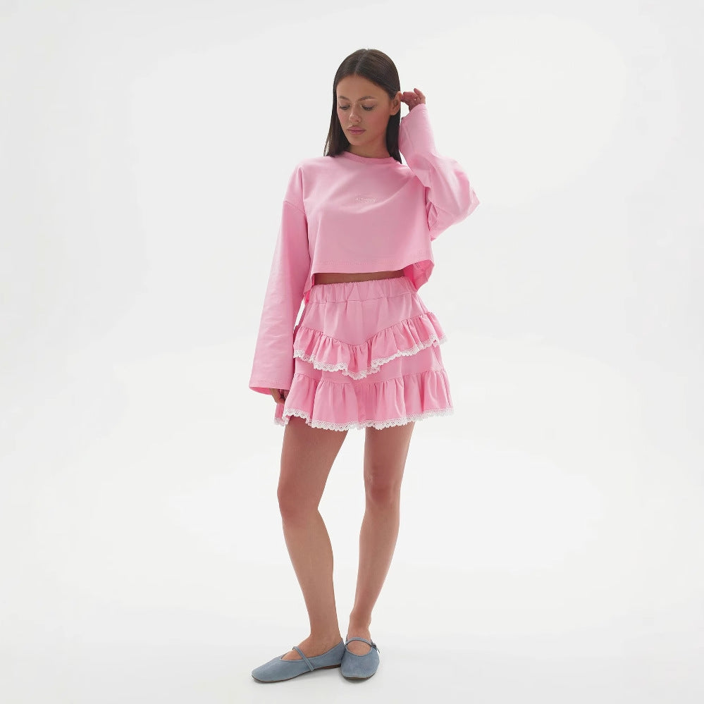 Thin knitted suit women's loose waist skirt lace lazy wind stack mini skirt spring and summer breathable two-piece set