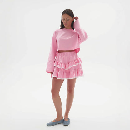 Thin knitted suit women's loose waist skirt lace lazy wind stack mini skirt spring and summer breathable two-piece set