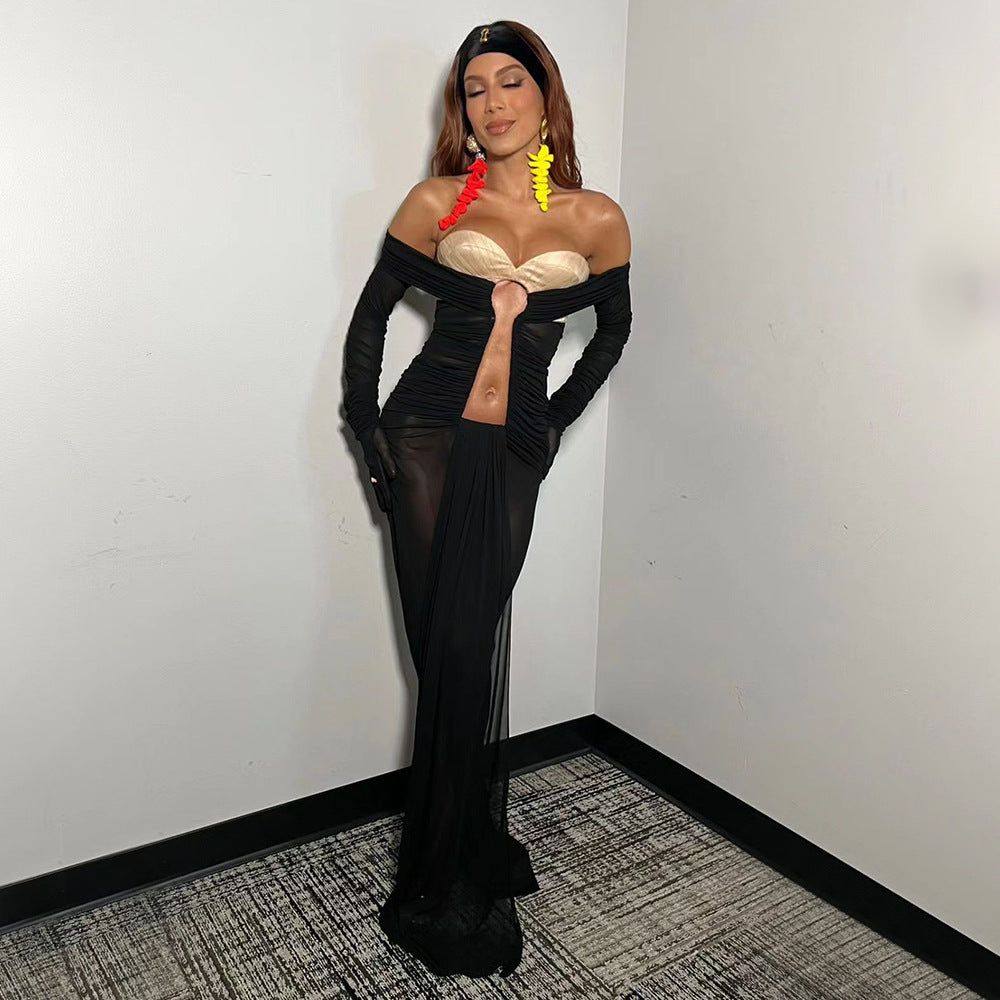 LOVEVOP popular summer new black apricot hollow pleated mesh  sexy  women's long dress