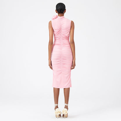 LOVEVOP 2023 summer pink sleeveless flower shrink pleated hip skirt  temperament niche women's elastic dress long