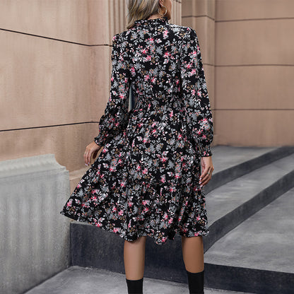 LOVEVOP New Hot Trade Tie Skirt Hot Autumn New 2025 Cross-border Long Sleeve Floral Dress