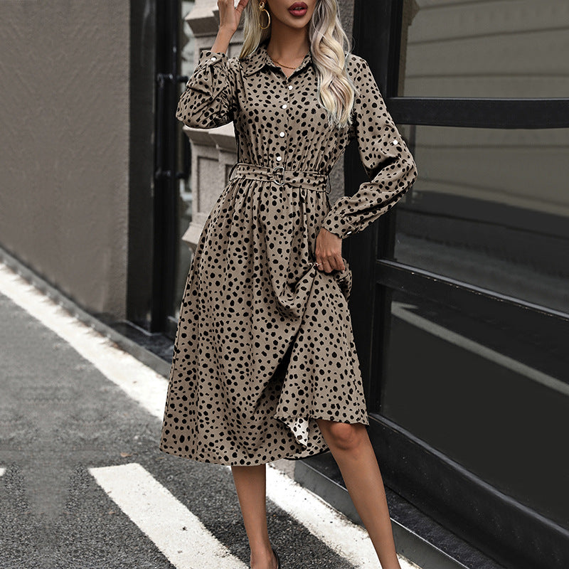 LOVEVOP 2025 cross-border new dress lapel button temperament dress polka dot long dress high waist women's dress with belt