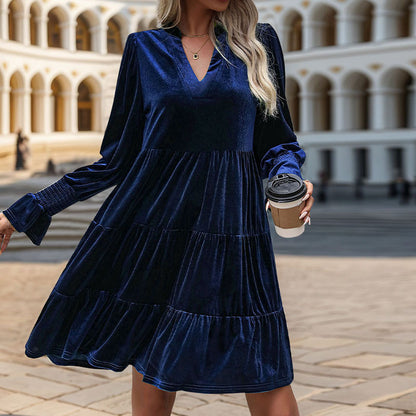 LOVEVOP Europe and the United States cross-border foreign trade women's clothing autumn atmosphere elegant skirt V-neck ruffle edge velvet dress