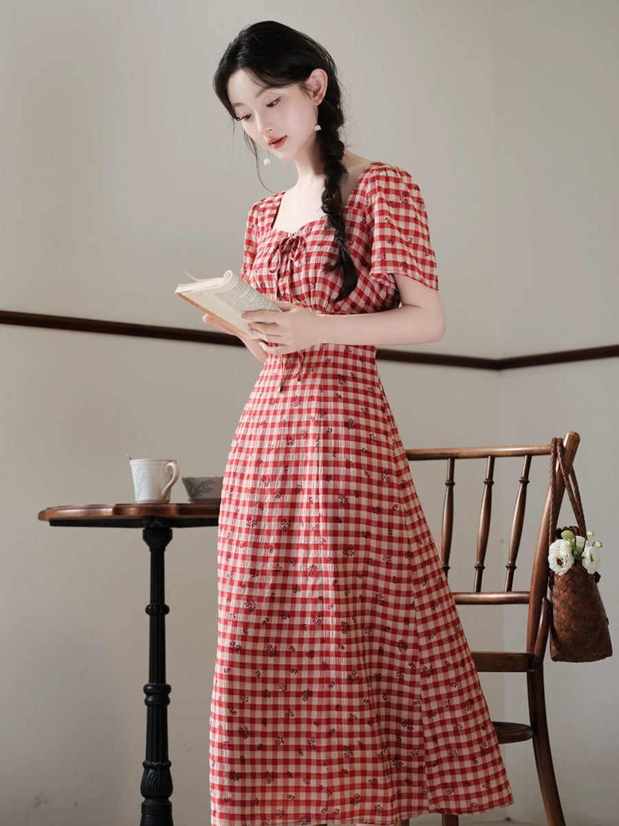 great-looking waist pinched retro red plaid dress temperament waist plaid skirt summer beautiful small skirt