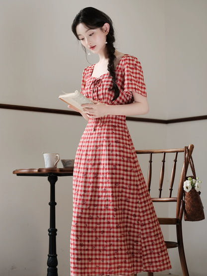 great-looking waist pinched retro red plaid dress temperament waist plaid skirt summer beautiful small skirt