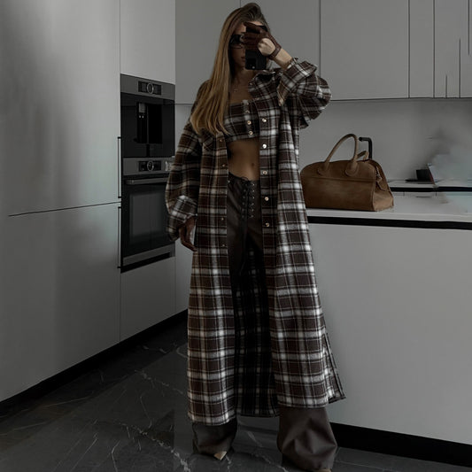 Design sense long plaid shirt jacket  style large size loose temperament knee lazy casual long-sleeved shirt