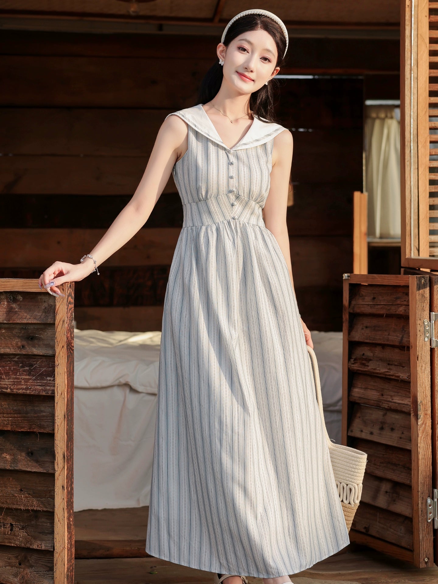 naval collar college style striped dress, unique and beautiful temperament long dress, beautiful and beautiful small skirt