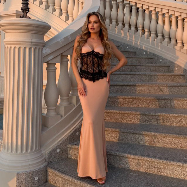 LOVEVOP  apricot lace elastic tube top skirt, sexy slim dress, high elastic hip wrap dress popular summer dress