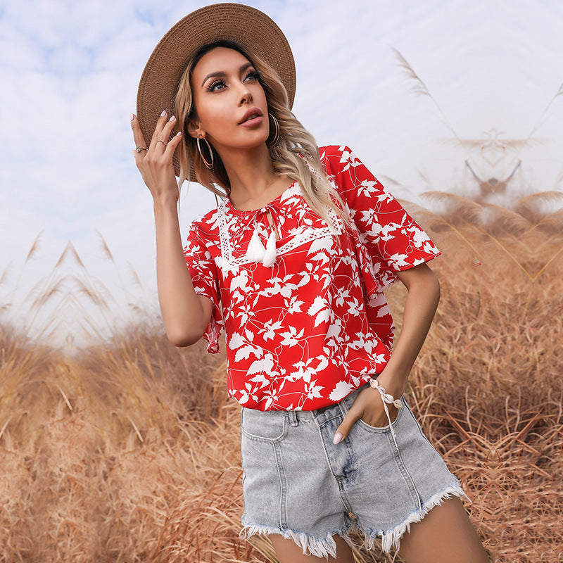 LOVEVOP New new loose-print lace-up short-sleeved lace splicing 2025 tops, red shirts, women's summer