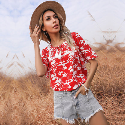 LOVEVOP New new loose-print lace-up short-sleeved lace splicing 2025 tops, red shirts, women's summer
