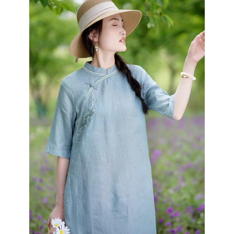 summer new literary and retro new Chinese cheongsam fashionable simple temperament exquisite embroidered cotton and linen dress