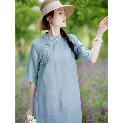 summer new literary and retro new Chinese cheongsam fashionable simple temperament exquisite embroidered cotton and linen dress