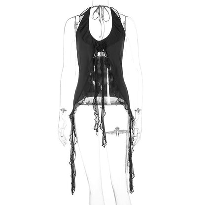 LOVEVOP Europe and the United States cross-border Hot summer new mesh yarn streamer hanging neck thin belt sexy small vest foreign trade wholesale women's clothing