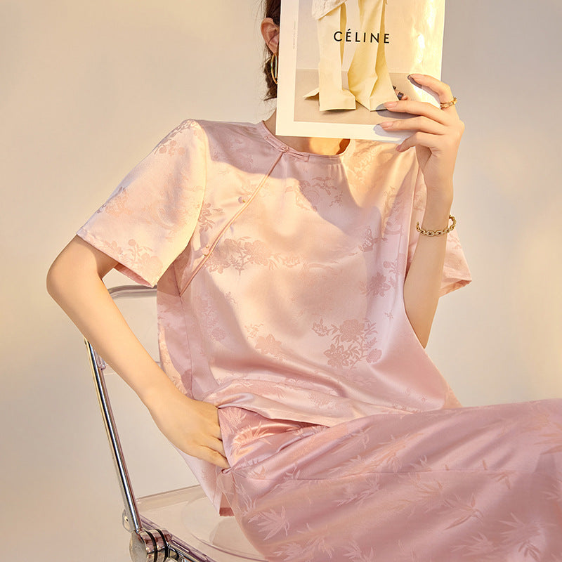 Summer new flower jacquard mulberry silk short-sleeved solid color light luxury simple design temperament T-shirt top M4006