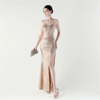 33310 #Dinner Focus 2025 Premium Spot Sequin Fishbone Vest Bead Suspender High Split Evening Dress