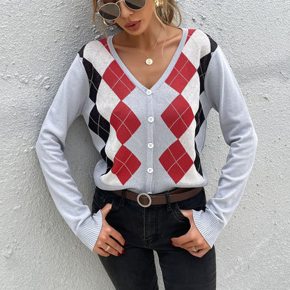 LOVEVOP popular autumn new New 2025 college rhombus v-neck sweater slim-fitting knitted cardigan women's long-sleeved top