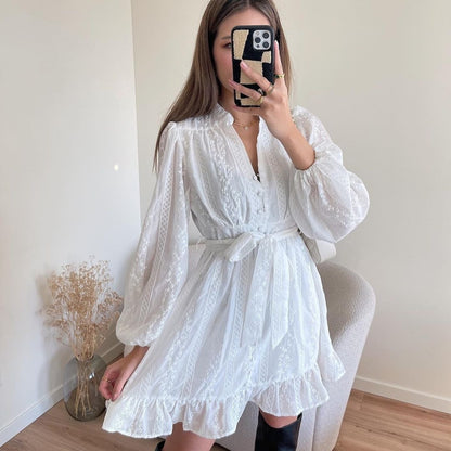 2025 autumn New new 2025 women's dress v-neck long-sleeved solid color sweet lace-up ruffle skirt