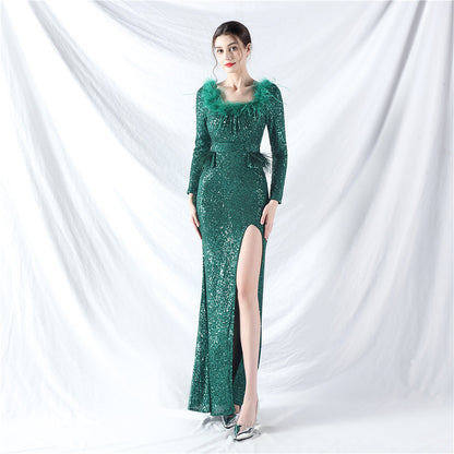 31957 #Popular trade new craft order ostrich hair long-sleeved bead evening dress