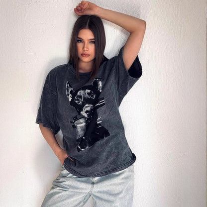 Funny fun puppy print T-shirt women's summer new ins  tops loose and versatile round neck short-sleeved T-shirt