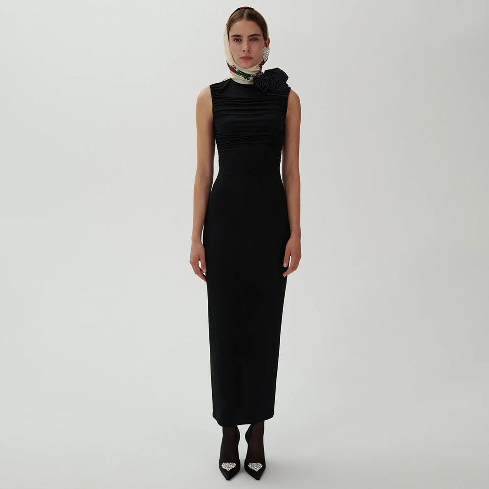 LOVEVOP popular new long dress sleeveless pleated three-dimensional flower design sense hip white temperament  women's dress