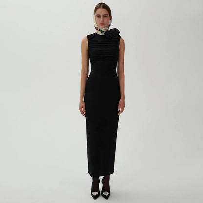 LOVEVOP popular new long dress sleeveless pleated three-dimensional flower design sense hip white temperament  women's dress