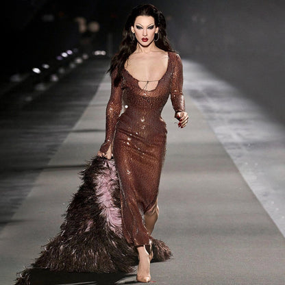 LOVEVOP popular winter new brown long-sleeved hanging bell low-cut long bead skirt  dress temperament with women's clothing