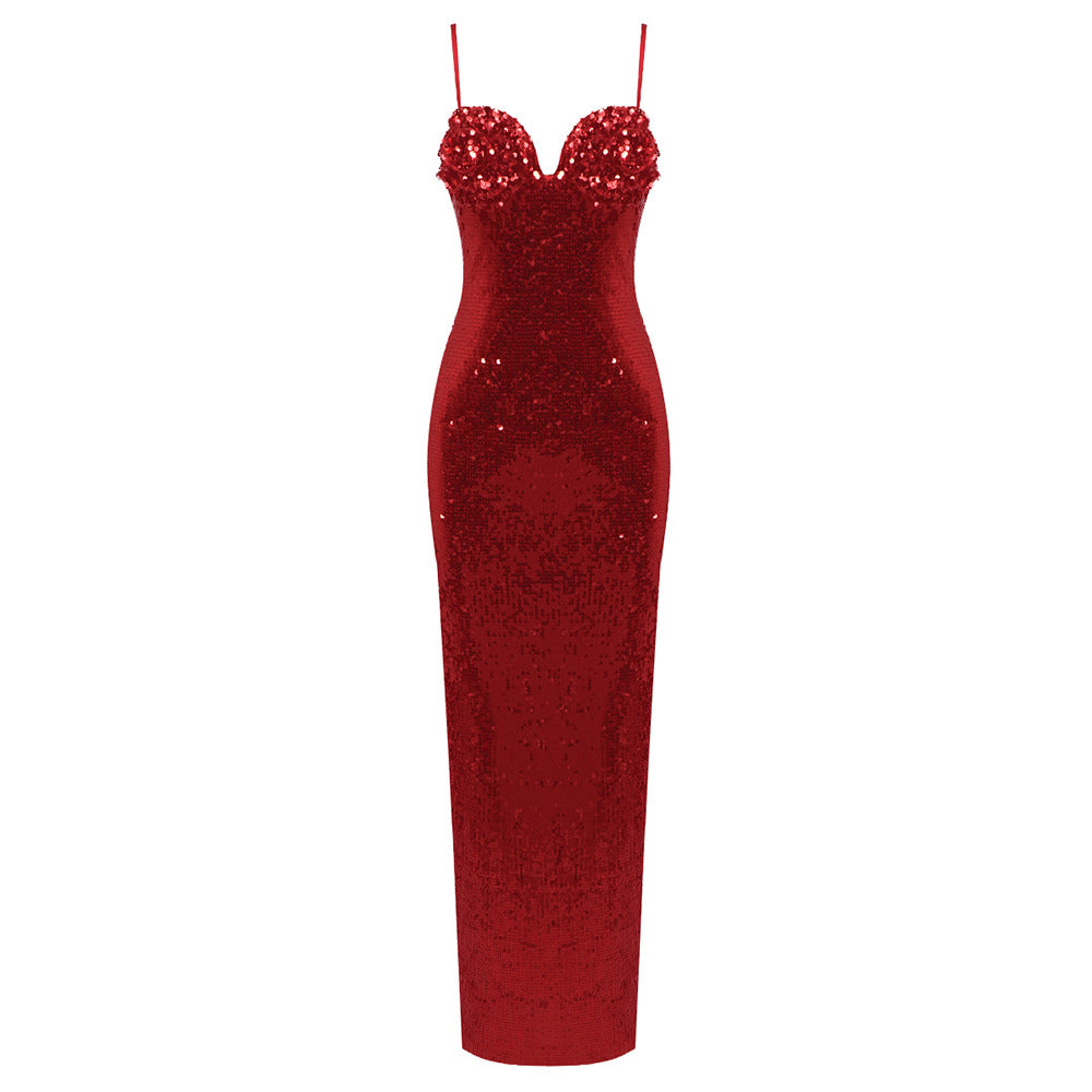 LOVEVOP 2023 new red sequined suspender dress high-end  women's clothing fashion long Christmas slim base