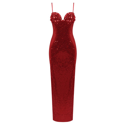 LOVEVOP 2023 new red sequined suspender dress high-end  women's clothing fashion long Christmas slim base