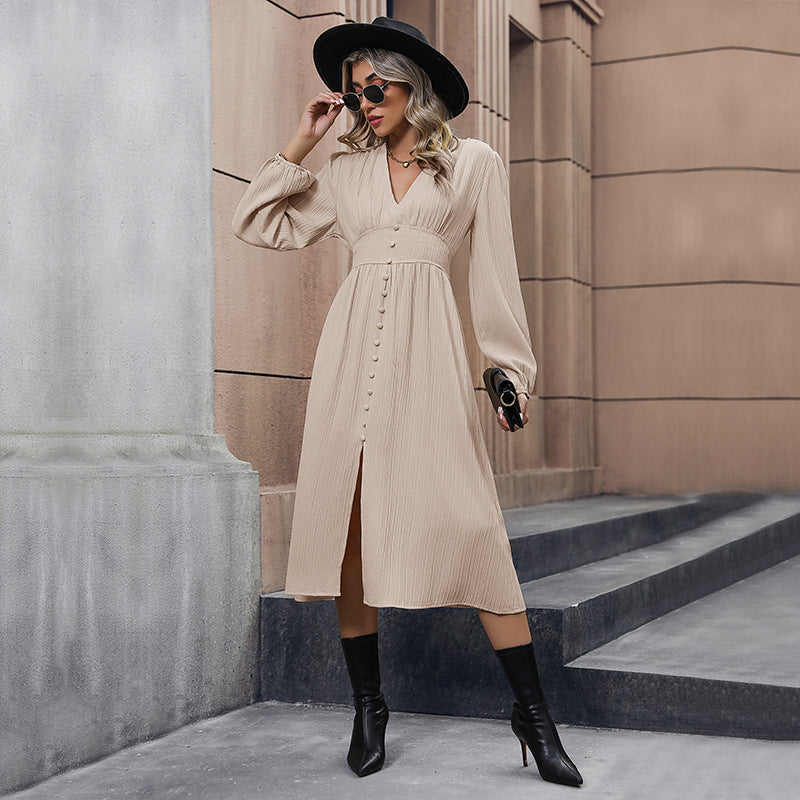 LOVEVOP New Hot Trade Skirt Hot New 2025 Women's Clothing Cross-border Commuter Long Sleeve V-Neck Dress