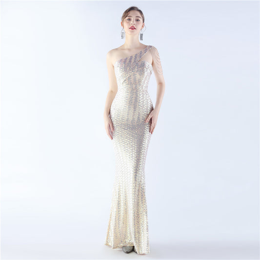 31357 #Hot Trade popular New Symphony Bead Craft Bead Shoulder Slant Neck High-end Slim Evening Dress