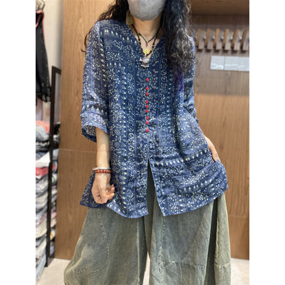 Temperament V-neck printed slim shirt five-quarter-sleeved women's ethnic style top retro summer versatile navy blue shirt