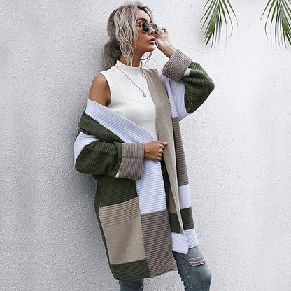 LOVEVOP Hot new autumn and winter fashion color matching knitted sweater medium and long 2025 lazy style   trade cardigan jacket women