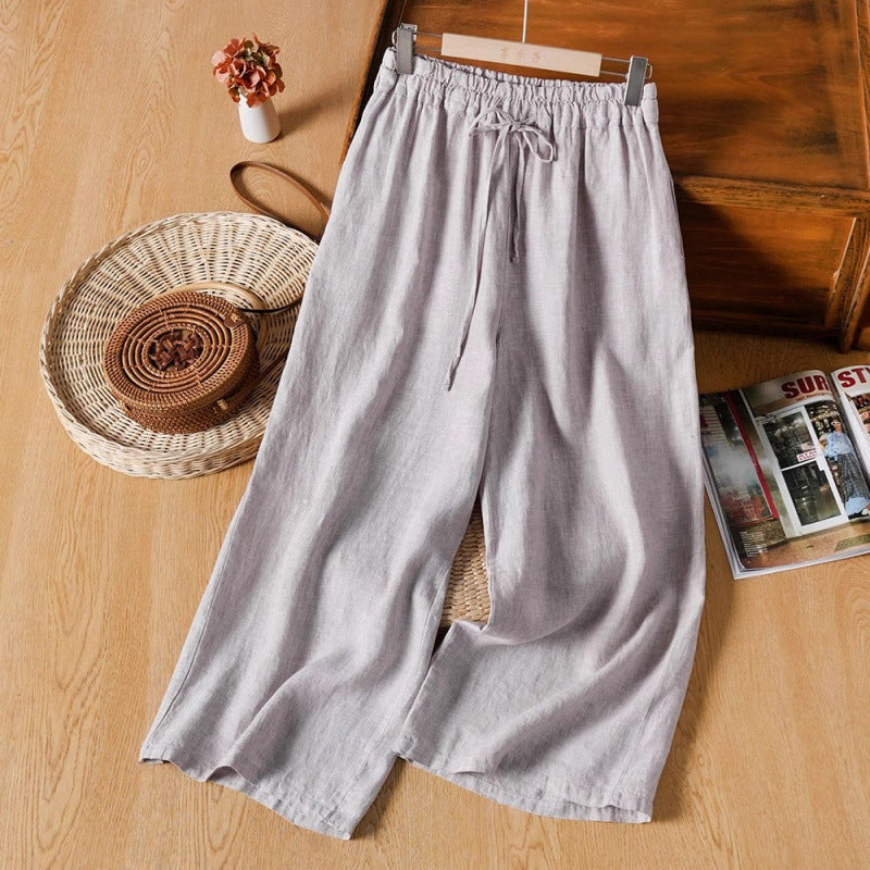 Cotton and linen large size casual loose versatile cotton and linen wide-leg pants women's  summer new literary and retro loose trousers