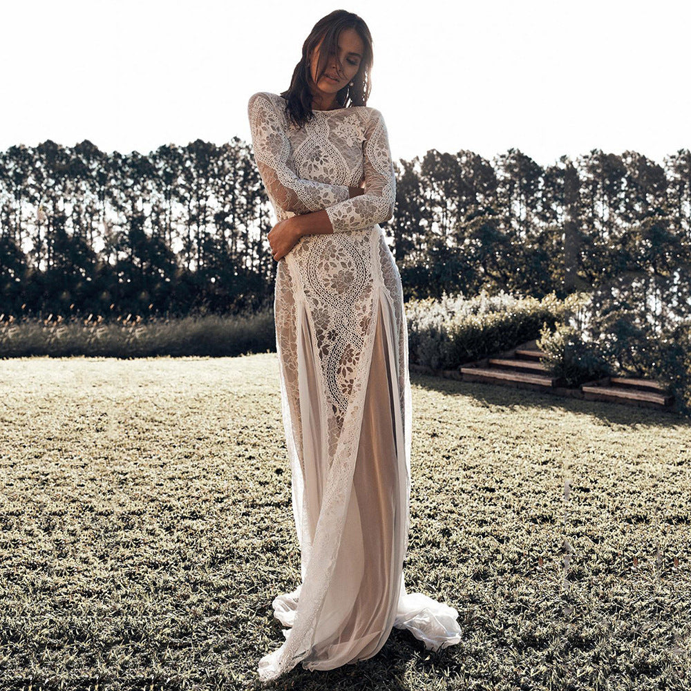 Spring New  Women's Dress Crew Neck Long Sleeve Hollow Backless Lace Celebrity Banquet Wedding Dress