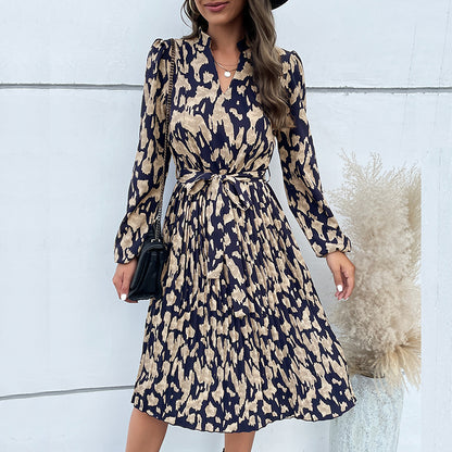 LOVEVOP New Cross-border Hot Trade 2025 Women's Clothing Hot Autumn New Folded Printing Long Sleeve Dress