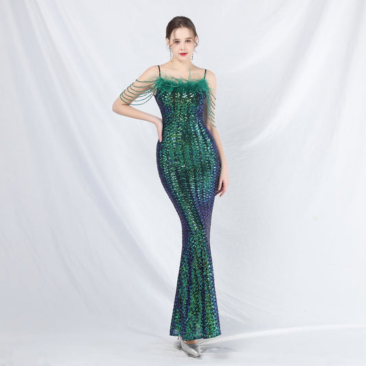 31832 #popular New Popular trade craft order beaded ostrich hair magic bead long evening dress