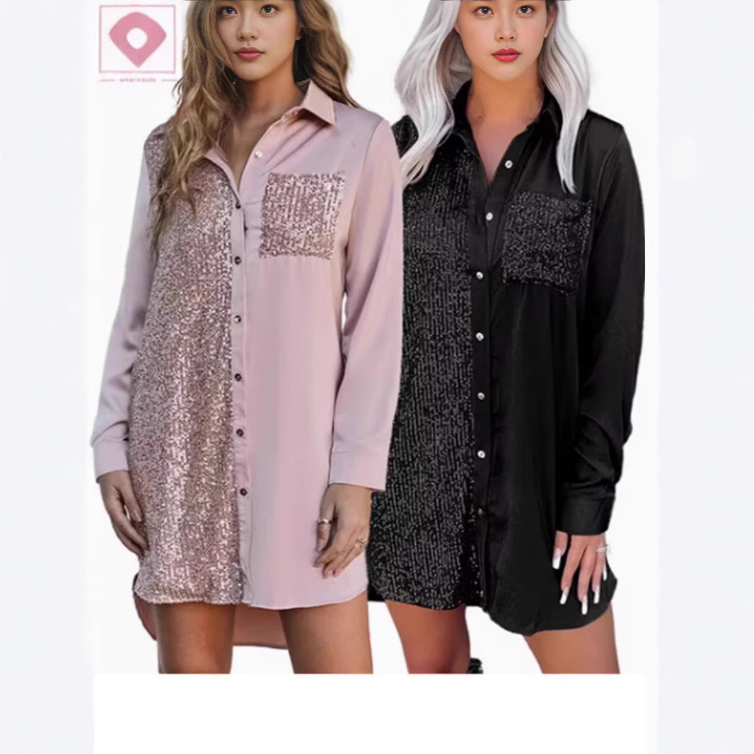 LOVEVOP 2025 New  new  women's clothing, loose long-sleeved shirts, sequined pocket tops,