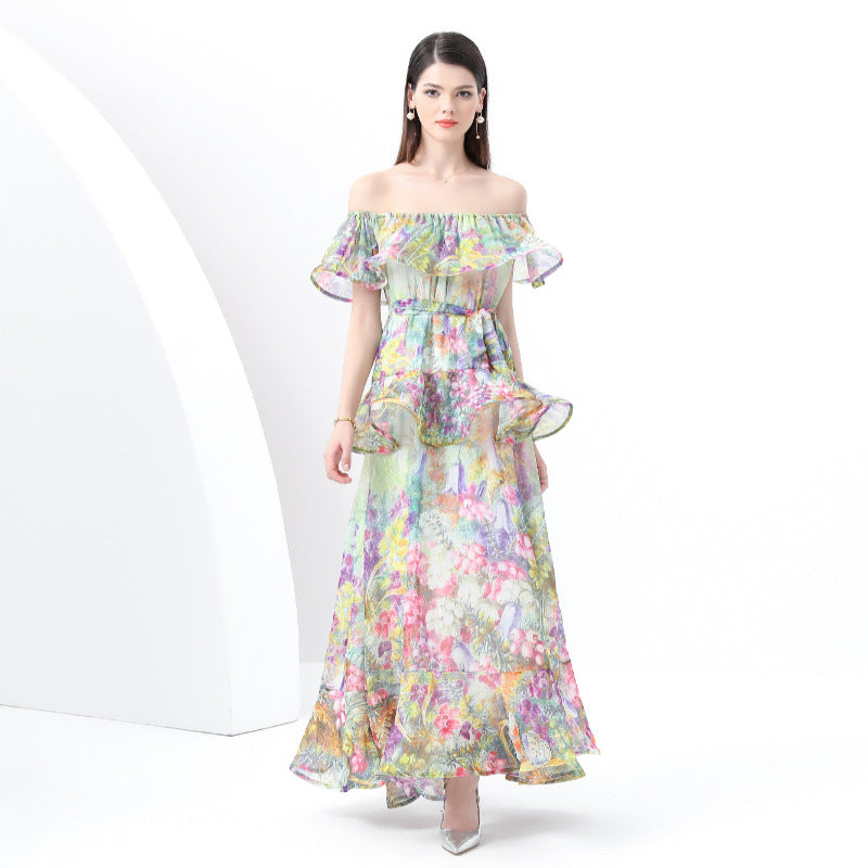 style sexy one-word shoulder chiffon printing high-end three-dimensional ruffle edge waist thin dress vacation dress