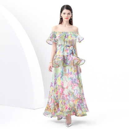 style sexy one-word shoulder chiffon printing high-end three-dimensional ruffle edge waist thin dress vacation dress