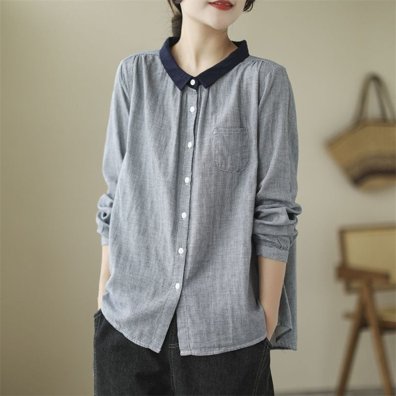 Korean version of small plaid long-sleeved shirt women's  spring and autumn new meat-covering and thin loose age-reducing top color matching shirt