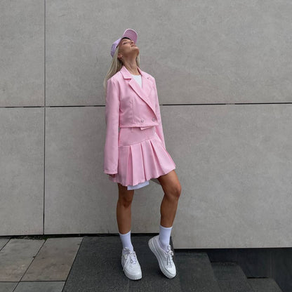 new  style short V-neck long-sleeved loose suit top high waist pleated skirt set New explosion