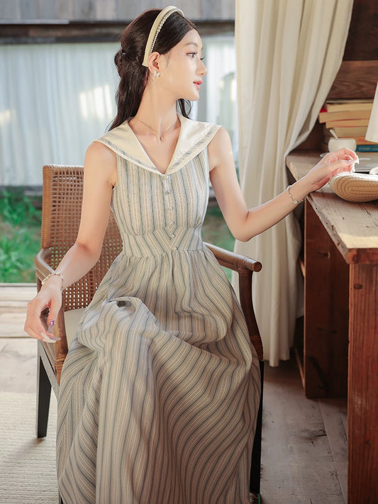 naval collar college style striped dress, unique and beautiful temperament long dress, beautiful and beautiful small skirt